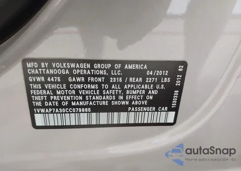 2012 Volkswagen Passat 2.5L S из США, поврежденный, VIN 1VWAP7A30CC079865